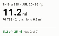 Debrief this-week tile: 11.2 of ~25 miles, day 2 of 7
